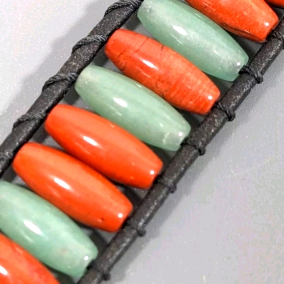 LAUREN RALPH LAUREN Boho/Tribal Bracelet of Leather, Orange and Green Stones 6.5 - Picture 2 of 7